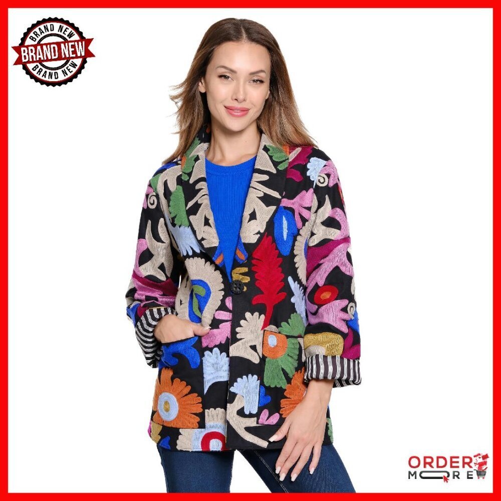Oversized Embroidered Blazer with Pockets - Women's Casual Jacket